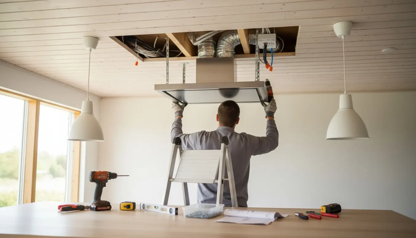 Indbygget loftemhætte monteres i lyst sommerhuskøkken med værktøj og håndværker på stige uden synligt ansigt.
