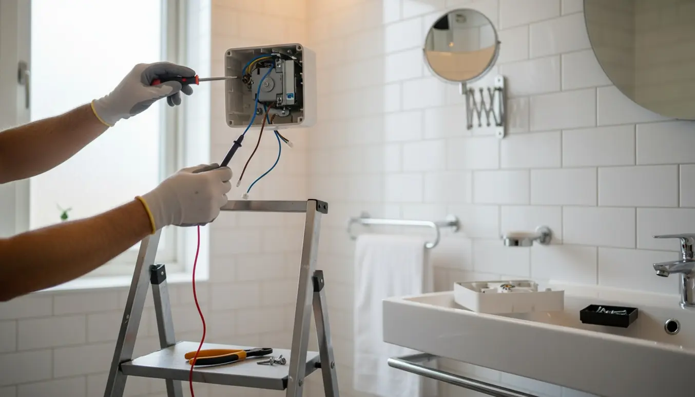 Hænder reparerer en åben badeværelsesventilator med værktøj og multimeter.