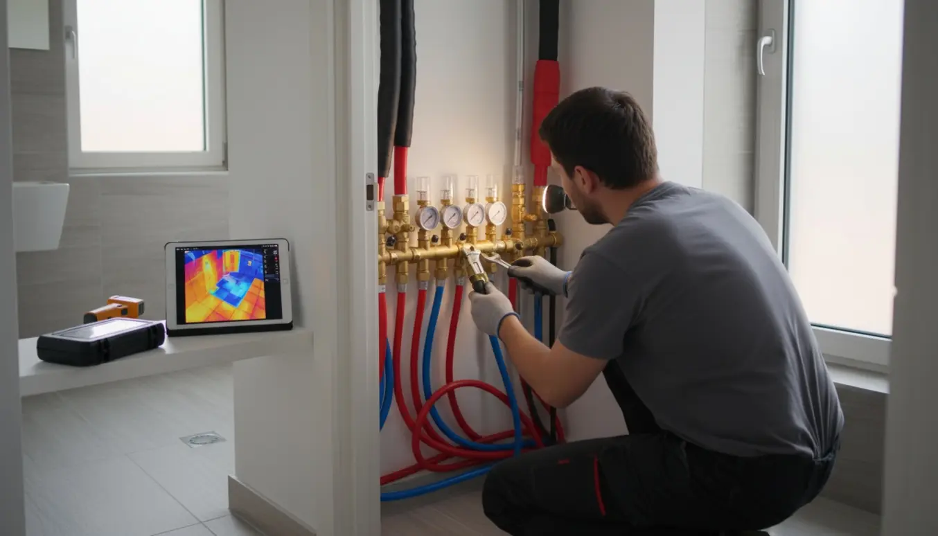En tekniker undersøger en gulvvarmefordeler i en lejlighed med værktøj og et termisk billede af badeværelset.