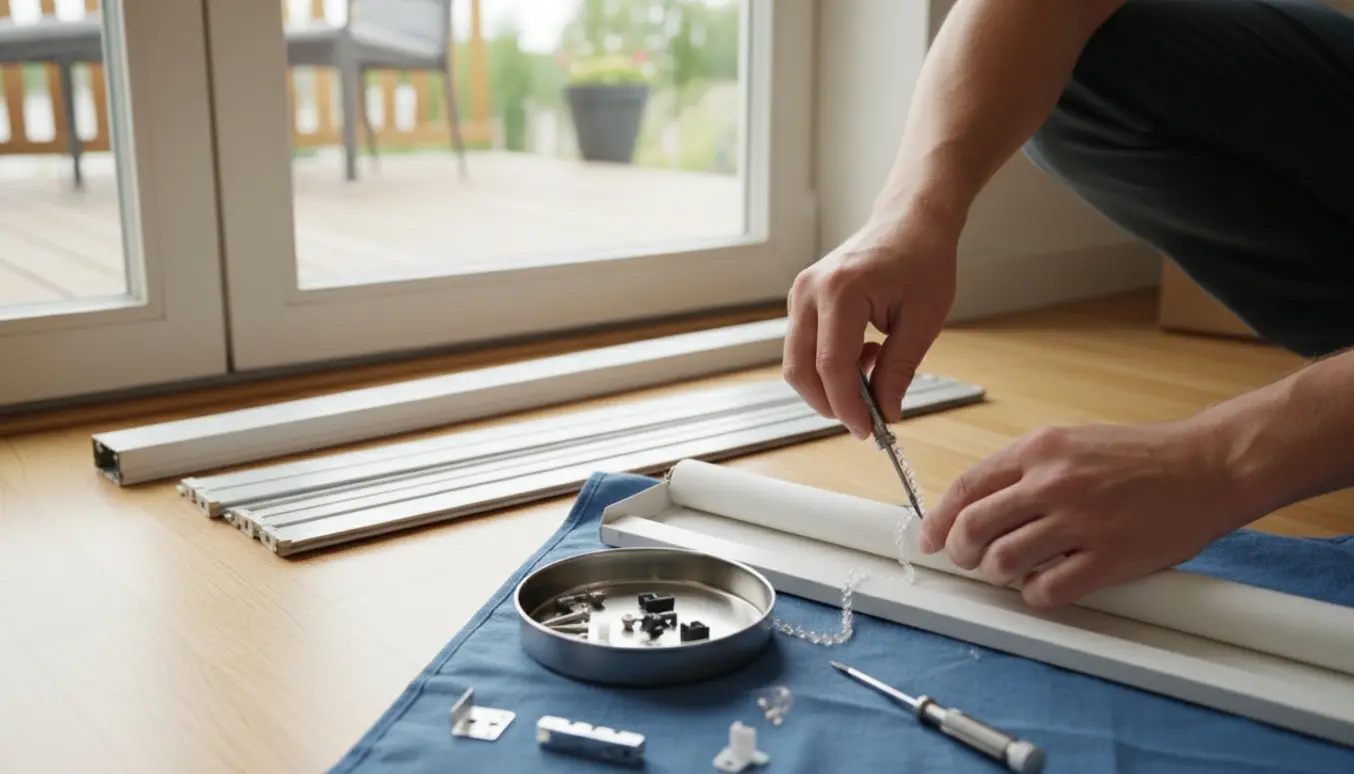 Hænder monterer ny kæde på rullegardin foran en terrassedør med udskiftet persienne.