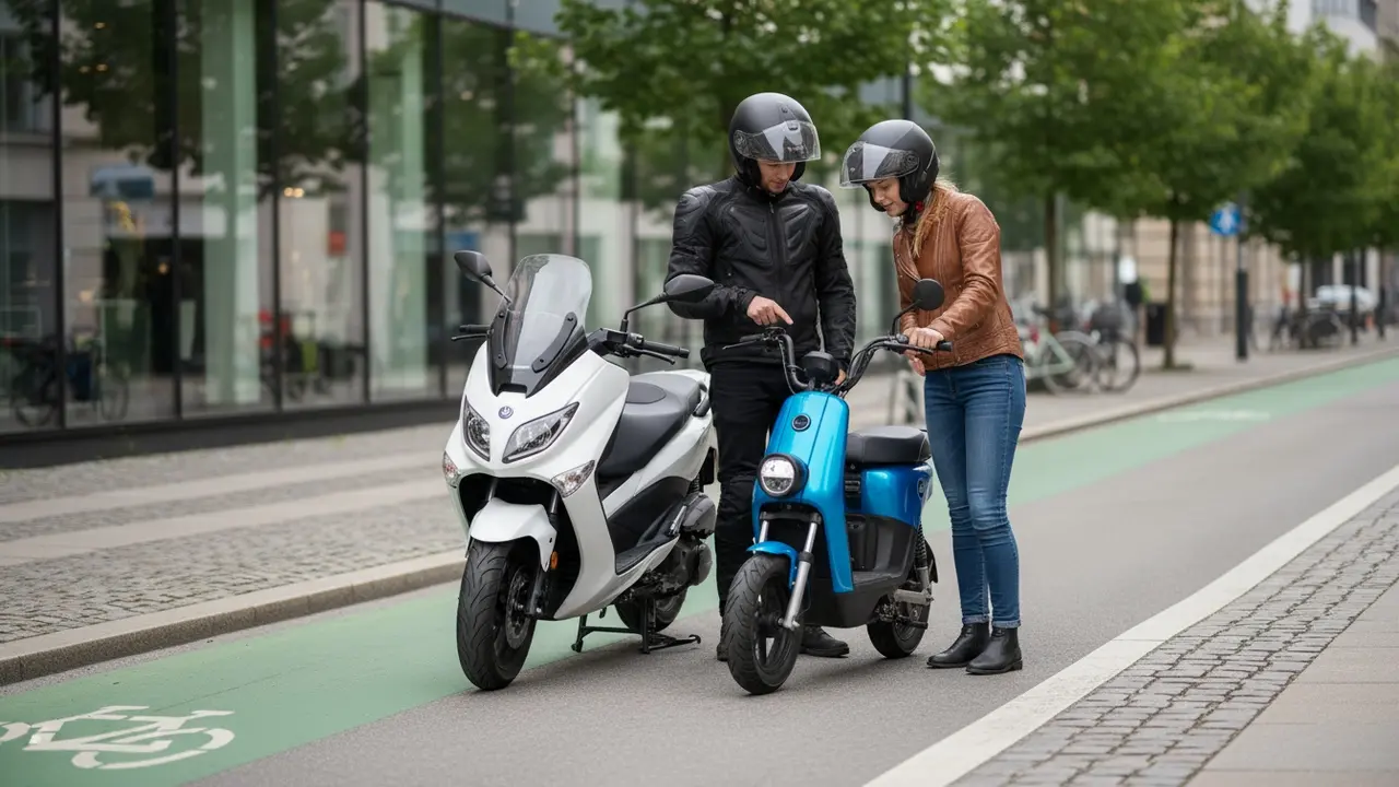 Tohjulede køretøjer i bymiljø: scooter ved siden af en mindre knallert med to hjelmbærende personer