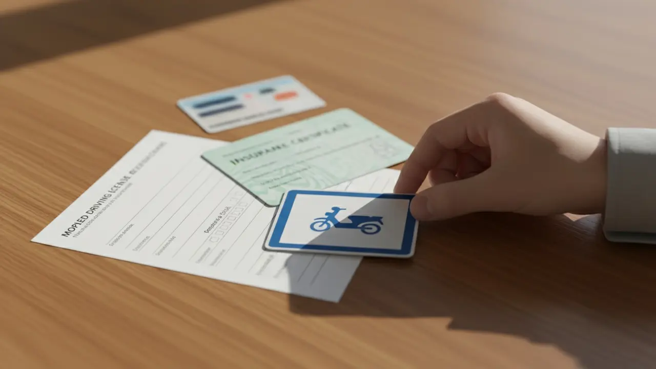 Oversigt over nødvendige papirer til knallert: kørekort, registreringsattest, forsikringsbevis og ID på bord
