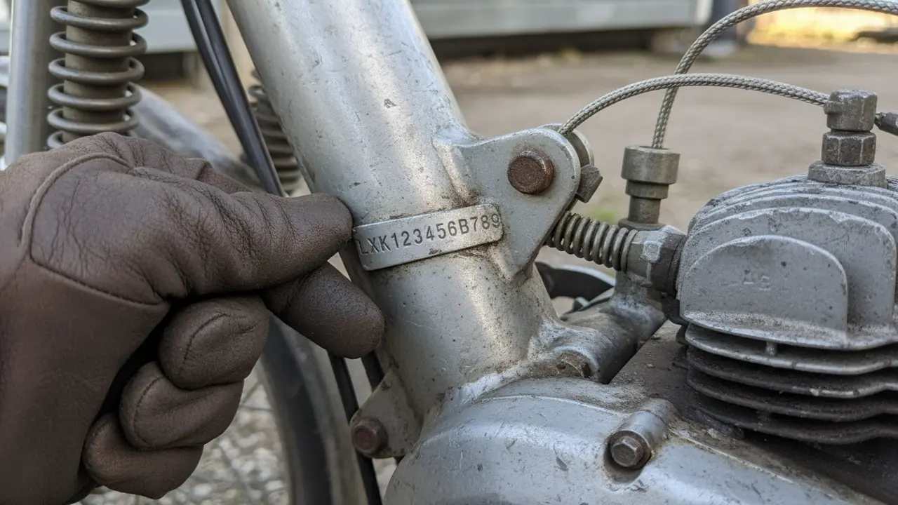Nærbillede af præget stelnummer på knallertens ramme med pegende handske forstørret