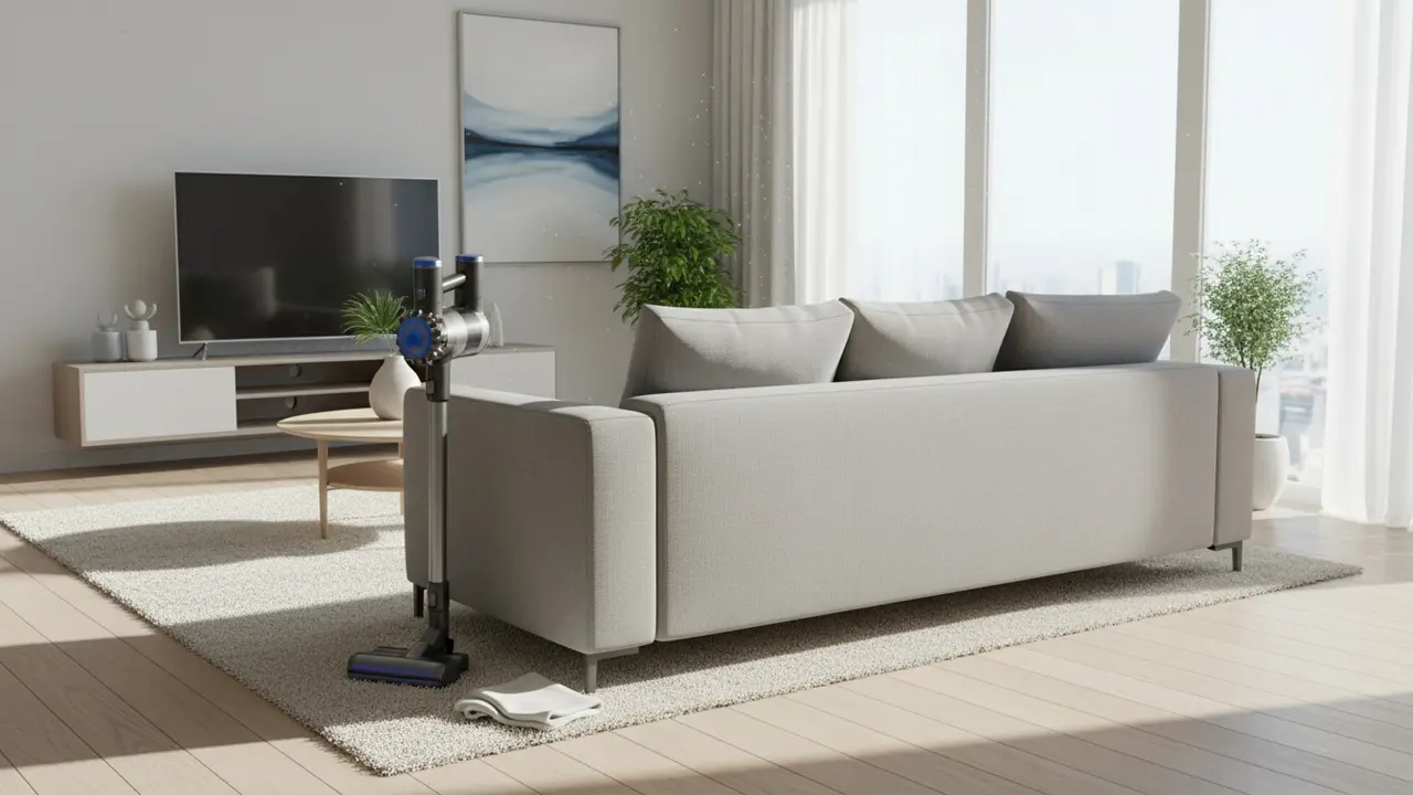 Indbydende, nyvasket sofa i lys stue med støvsuger og klud synligt