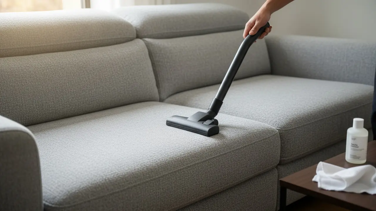 Nærbillede af støvsugning af stofsofa med blød mundstykke og tekstilrens på bord