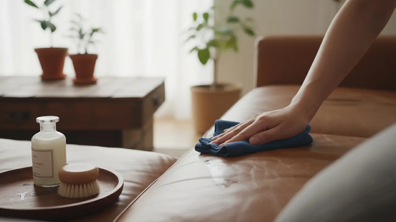 Hænder tørrer lædersofa af med let fugtig mikrofiberklud og læderrens ved siden af