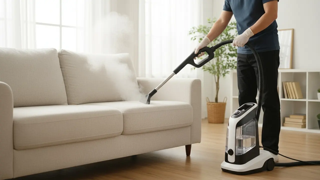 Person damprenser stofsofa med håndholdt damprenser, synlig damp og beskyttelseshandsker