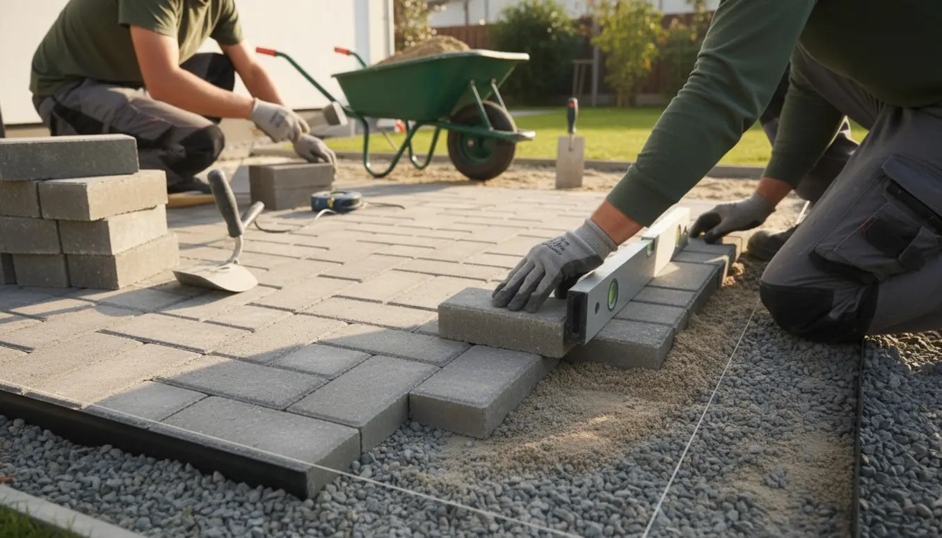 Nærbillede af håndværkere, der lægger rektangulære fliser på en lille terrasse med gummihammer og vaterpas.