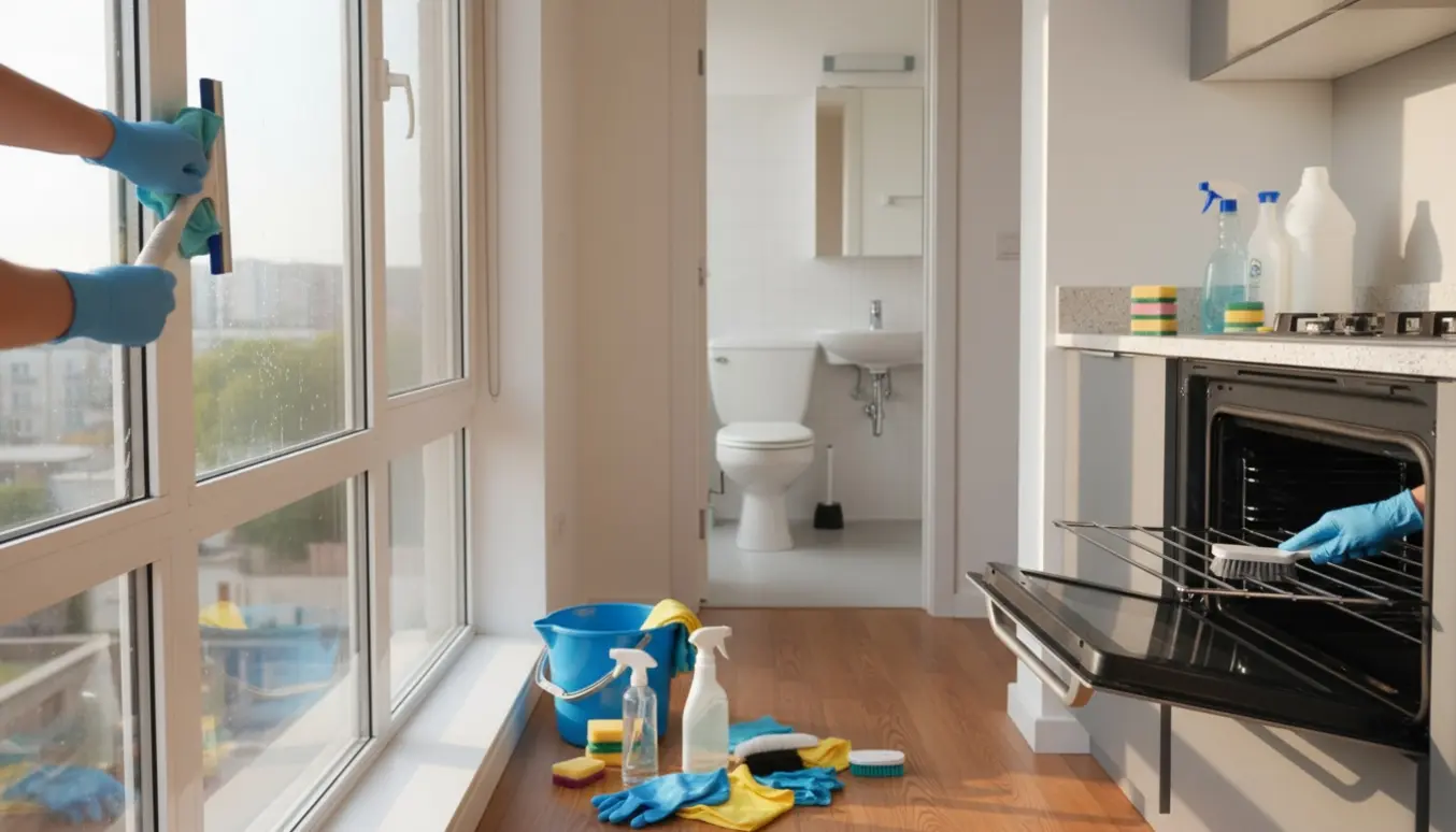 Fraflytningsrengøring i en solfyldt lejlighed med hænder, der pudser vindue og rengør ovn.