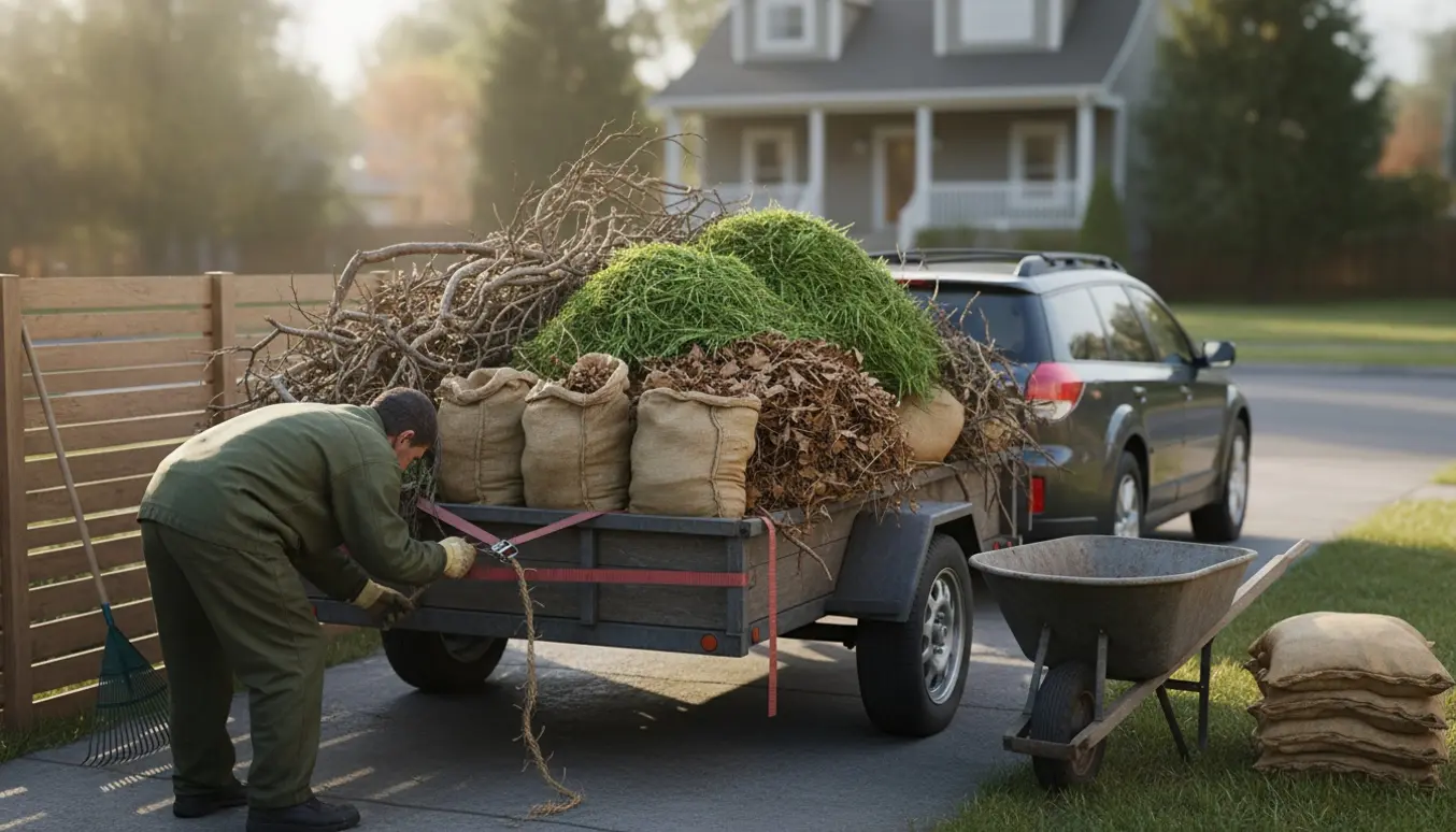 Autotrailer fyldt med grene og sække på indkørsel, klar til afhentning af haveaffald.