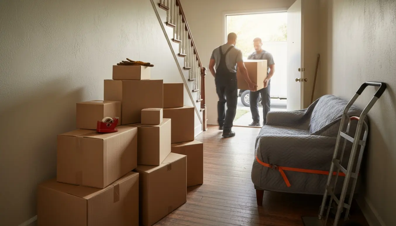 Flyttekasser stablet i en opgang, to personer bærer en kasse ud mod en åben dør med en ventende flyttebil udenfor.