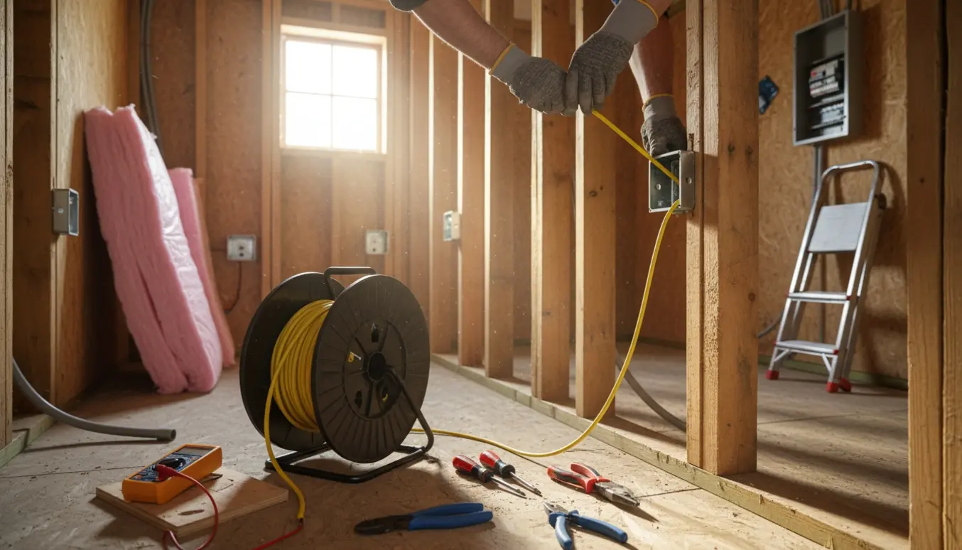 Hænder trækker nye elkabler gennem en åben væg i et anneks under renovering med værktøj og kabeltromle.