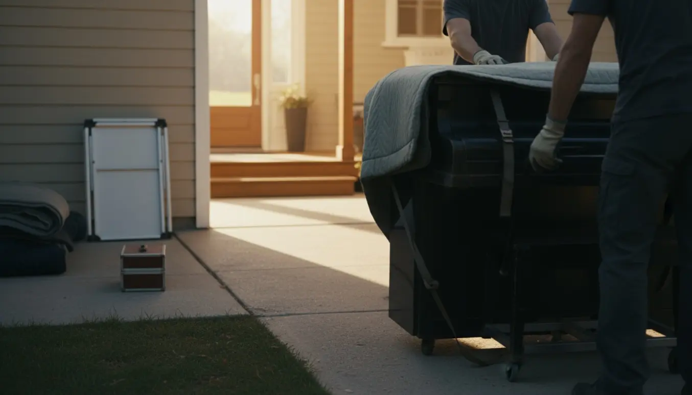 Et opretstående klaver løftes fra garage ind i huset på en pianodolly, uden synlige ansigter.
