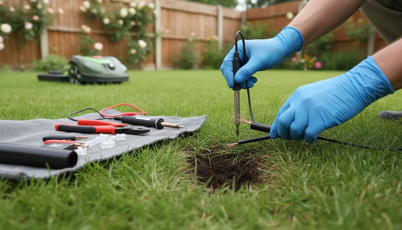 Nærbillede af hænder, der fejlsøger og reparerer robotplæneklipperens afgrænsningskabel med kabelsøger og reparationsværktøj i en baghave.