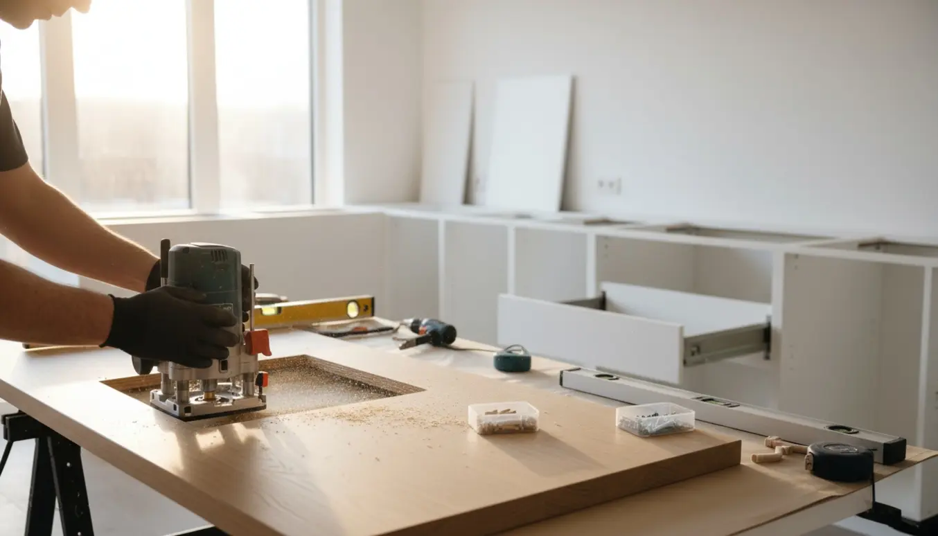 Delvist samlet IKEA-køkken med håndværkerhænder, der fræser hul i bordpladen til en indbygget kogeplade.