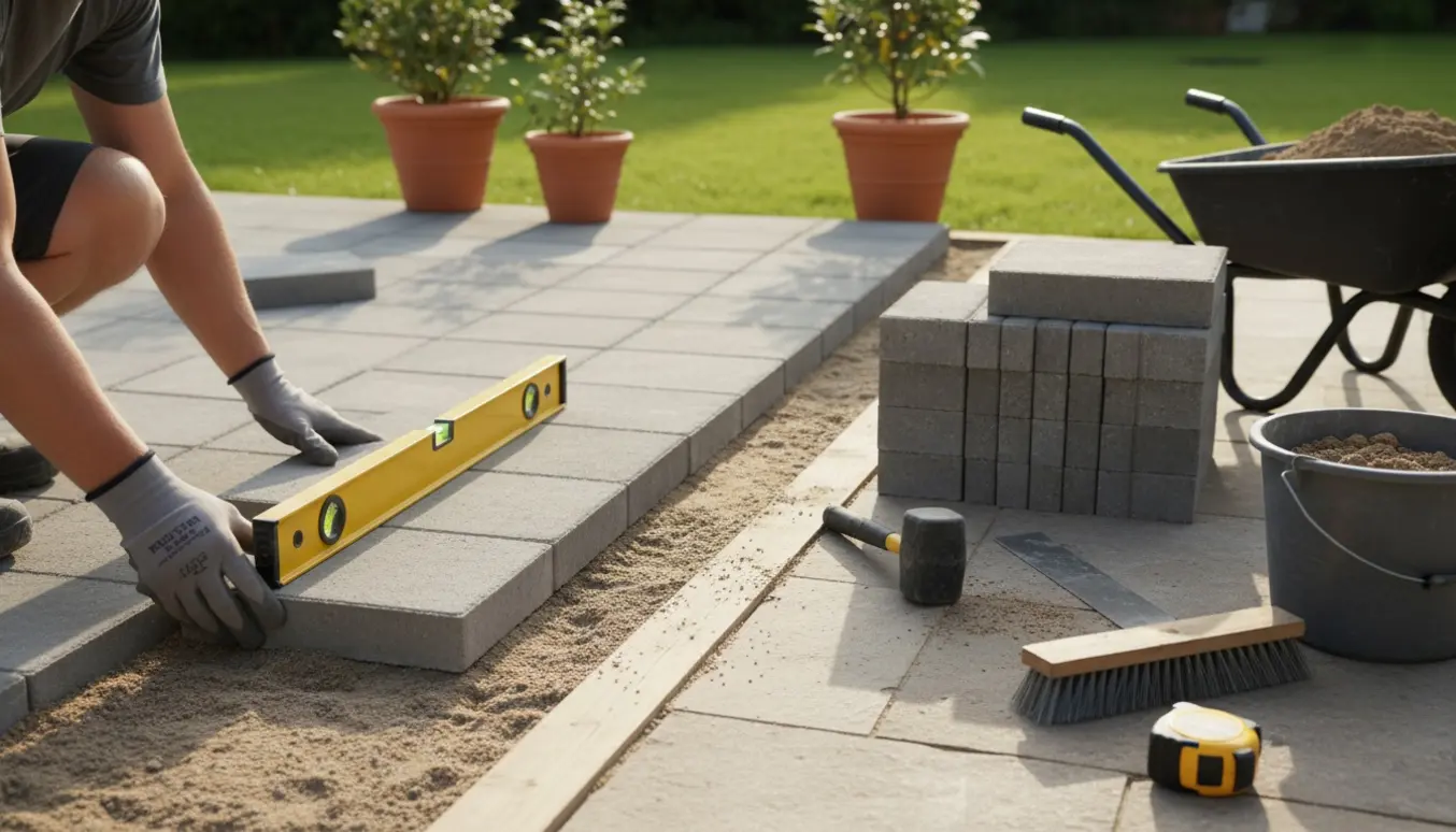 Hænder lægger 40x40 cm fliser for at udvide en terrasse med værktøj og bunker af fliser i baggrunden.