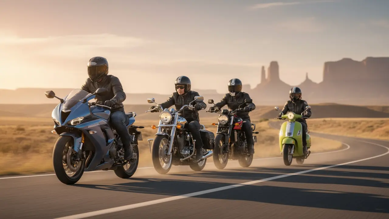 Forskellige motorcykeltyper på vej i solnedgang, ryttere i beskyttelsesudstyr