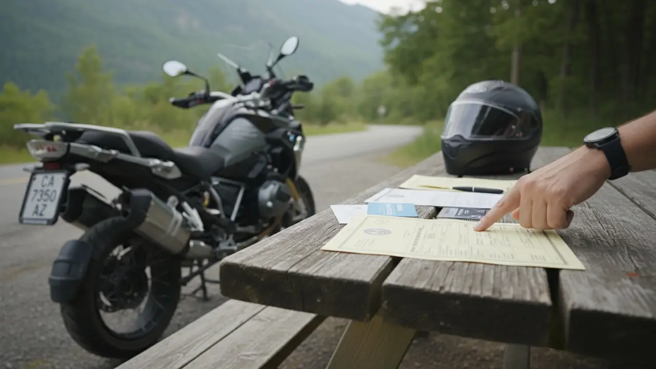 Motorcykel ved siden af registreringspapirer og forsikringskort, hånd peger på dokument