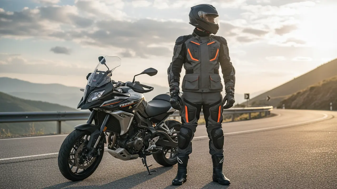 Fuld motorcykelbeskyttelse: hjelm, jakke, handsker, bukser og støvler ved en parkeret MC