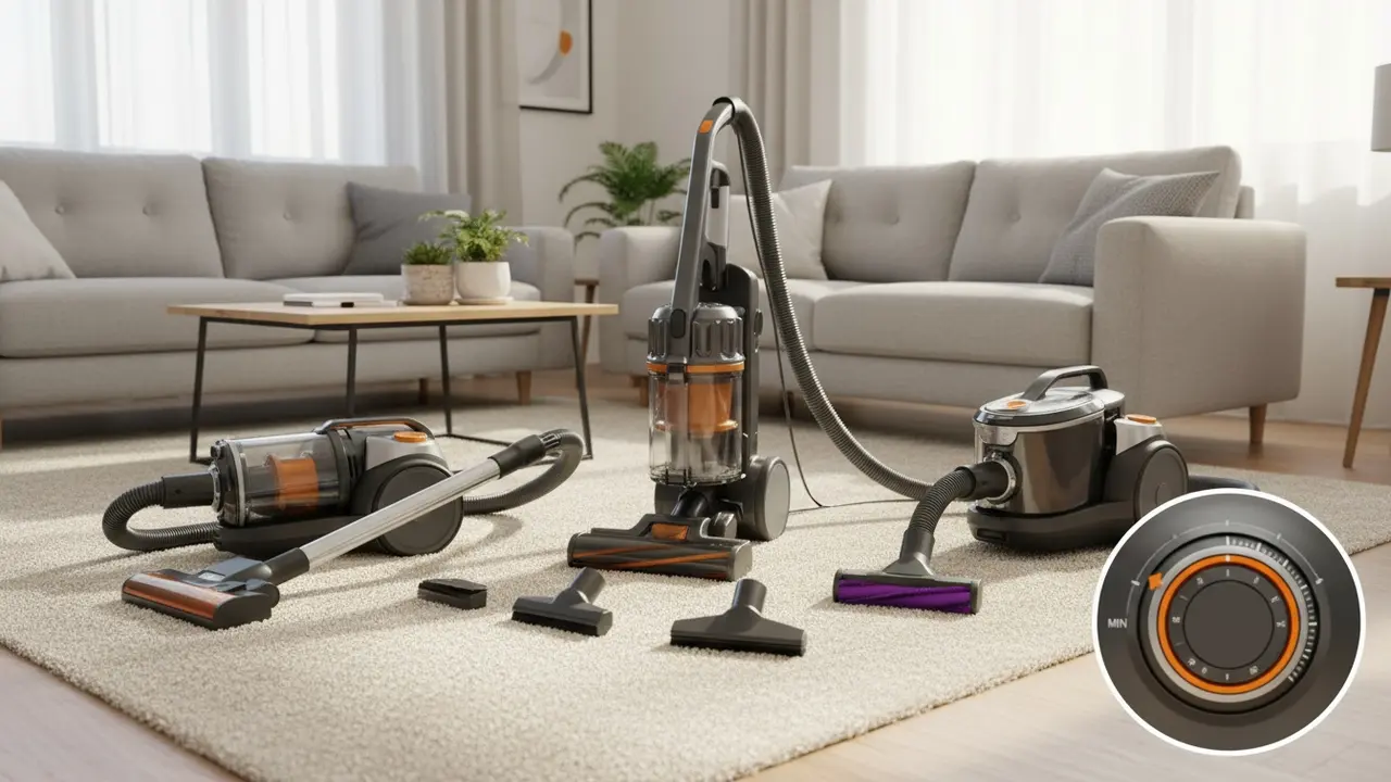 Forskellige støvsugermodeller på tæppe med justerbar sugekraft og dyrehårs-tilbehør.