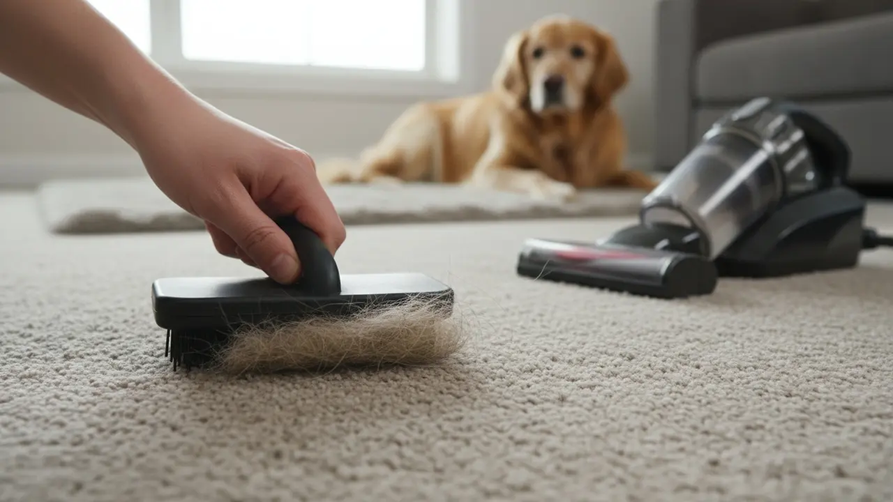 Hånd bruger gummibørste til at fjerne kæledyrshår fra et tæppe, pet i baggrunden.
