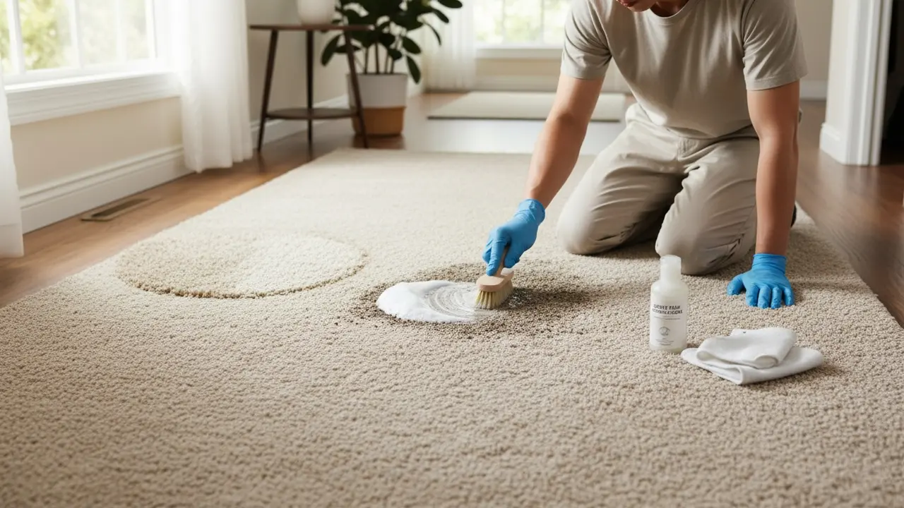 Person renser slidt højtrafikområde på tæppe med tæppeshampoo og børste, synligt før/efter.