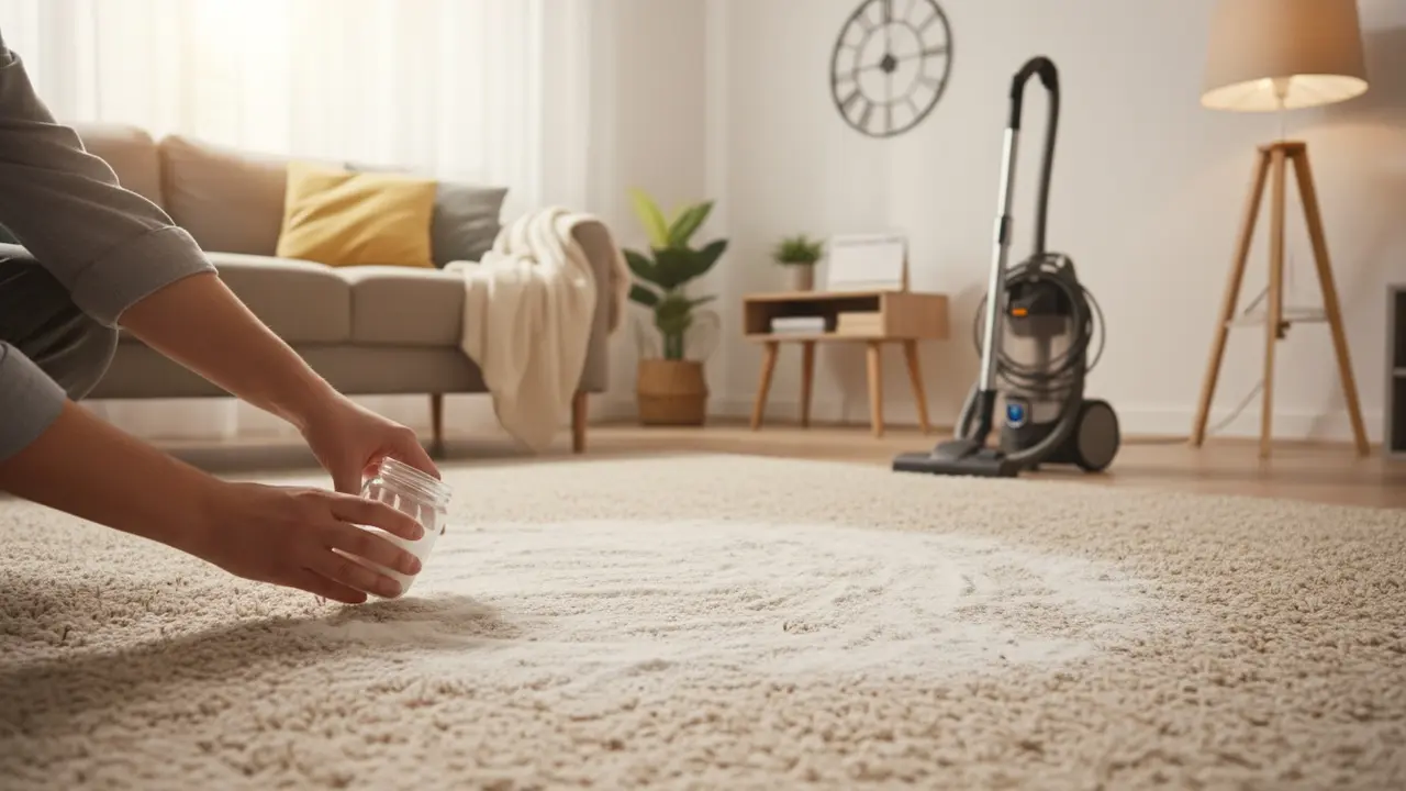 Hænder drysser natron jævnt over tæppe, vakuum i baggrunden og tidsindikator for virketid.