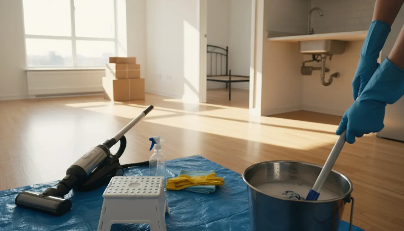 Tom, nyrenset to-værelses lejlighed med rengøringsudstyr og en person i gang med flytterengøring.