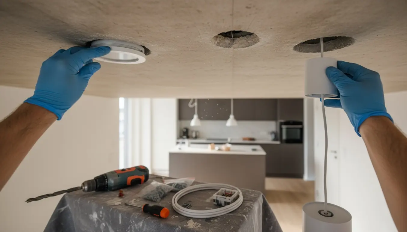 Hænder monterer to små loftlamper i et betonloft og en hængelampe med hvid ledning tæt ved et el-udtag.