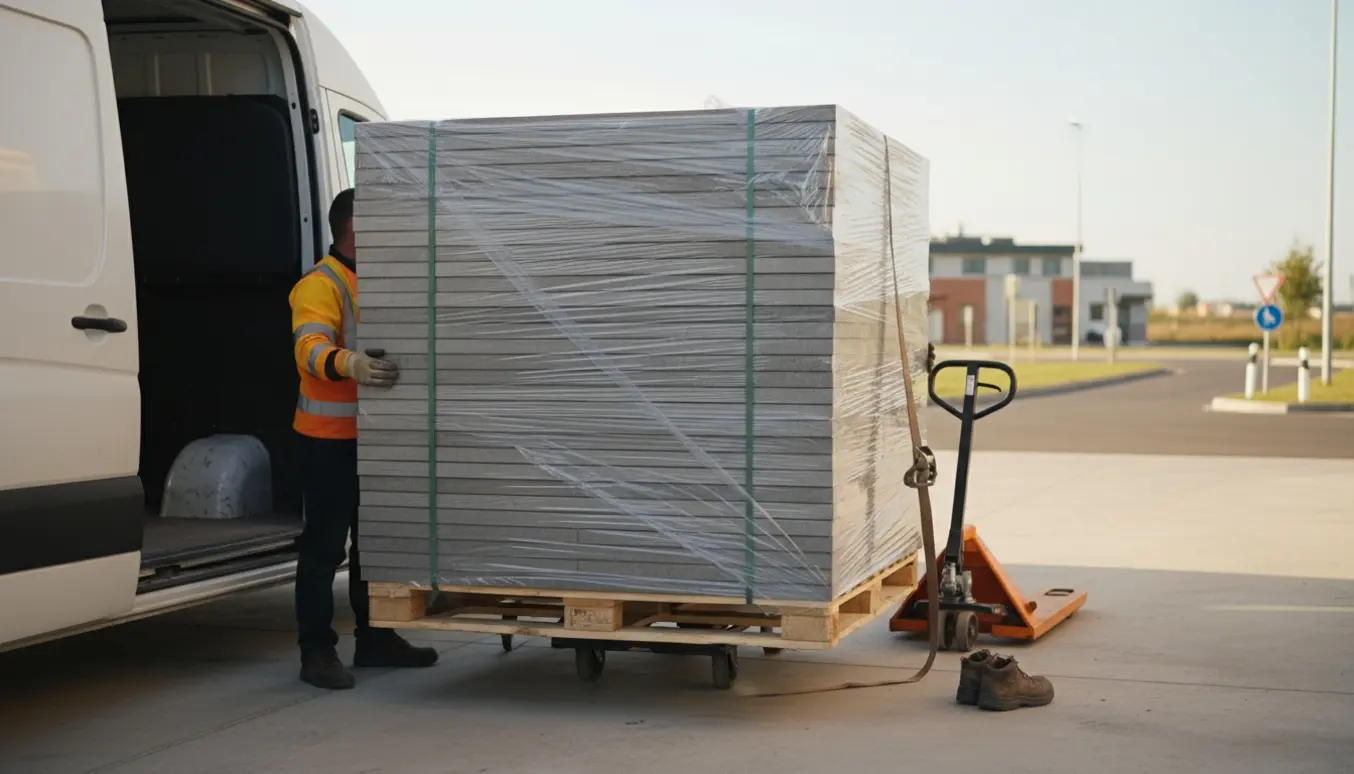 Stabel af plasticindpakkede eternitplader på en palle ved en varevogn klar til afhentning.