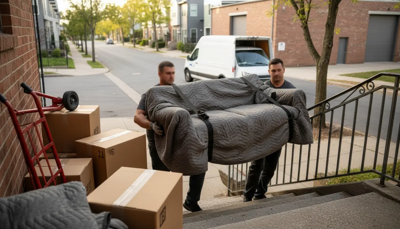 To flyttemænd bærer en indpakket sofa op ad en trappe til 1. sal, med flyttevogn og kasser parkeret udenfor.