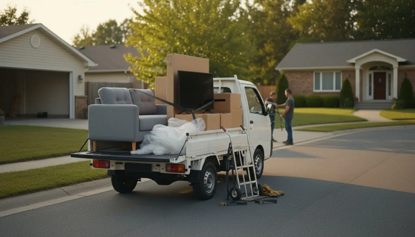 Ladbil fyldt med sofa, tv og flyttekasser foran to huse klar til flytning.