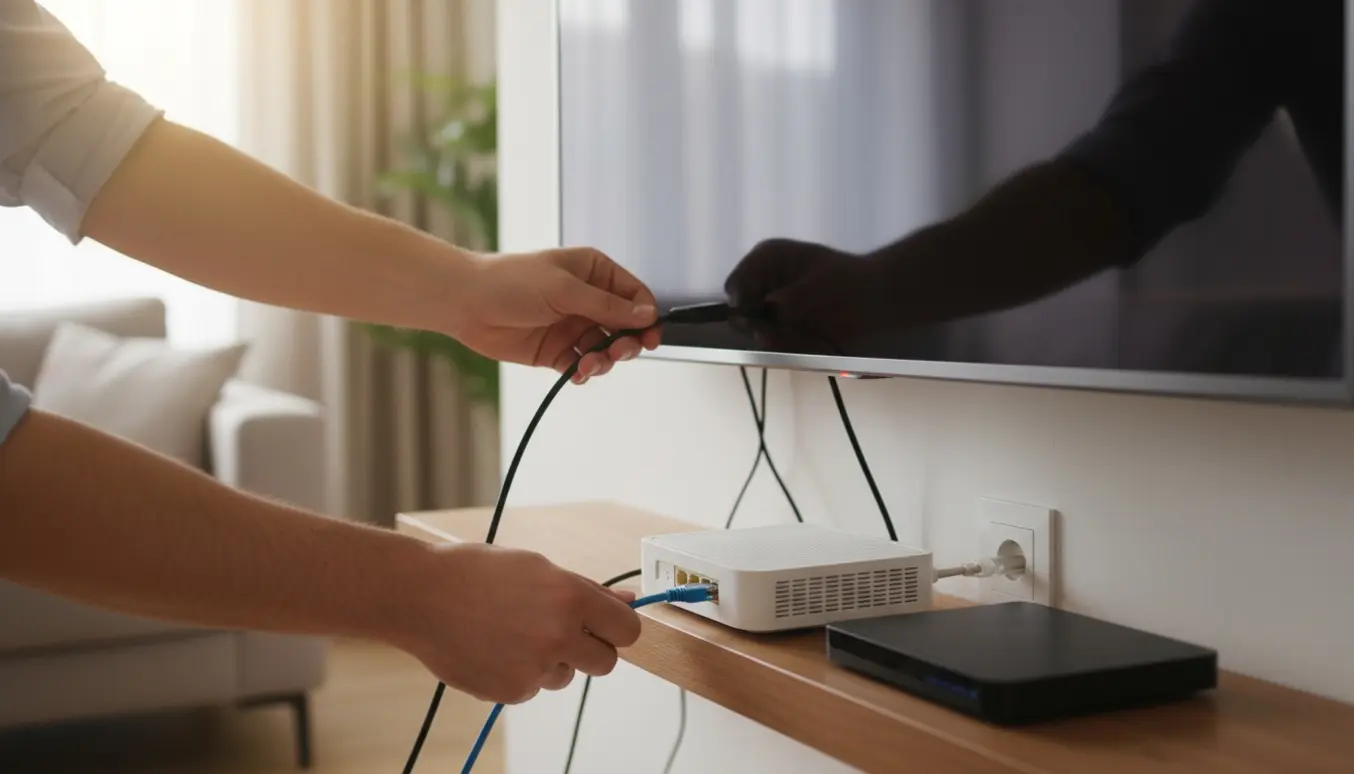 Hænder forbinder TV, telefon og laptop til en vægmonteret fiberudgang i en ryddelig stue.