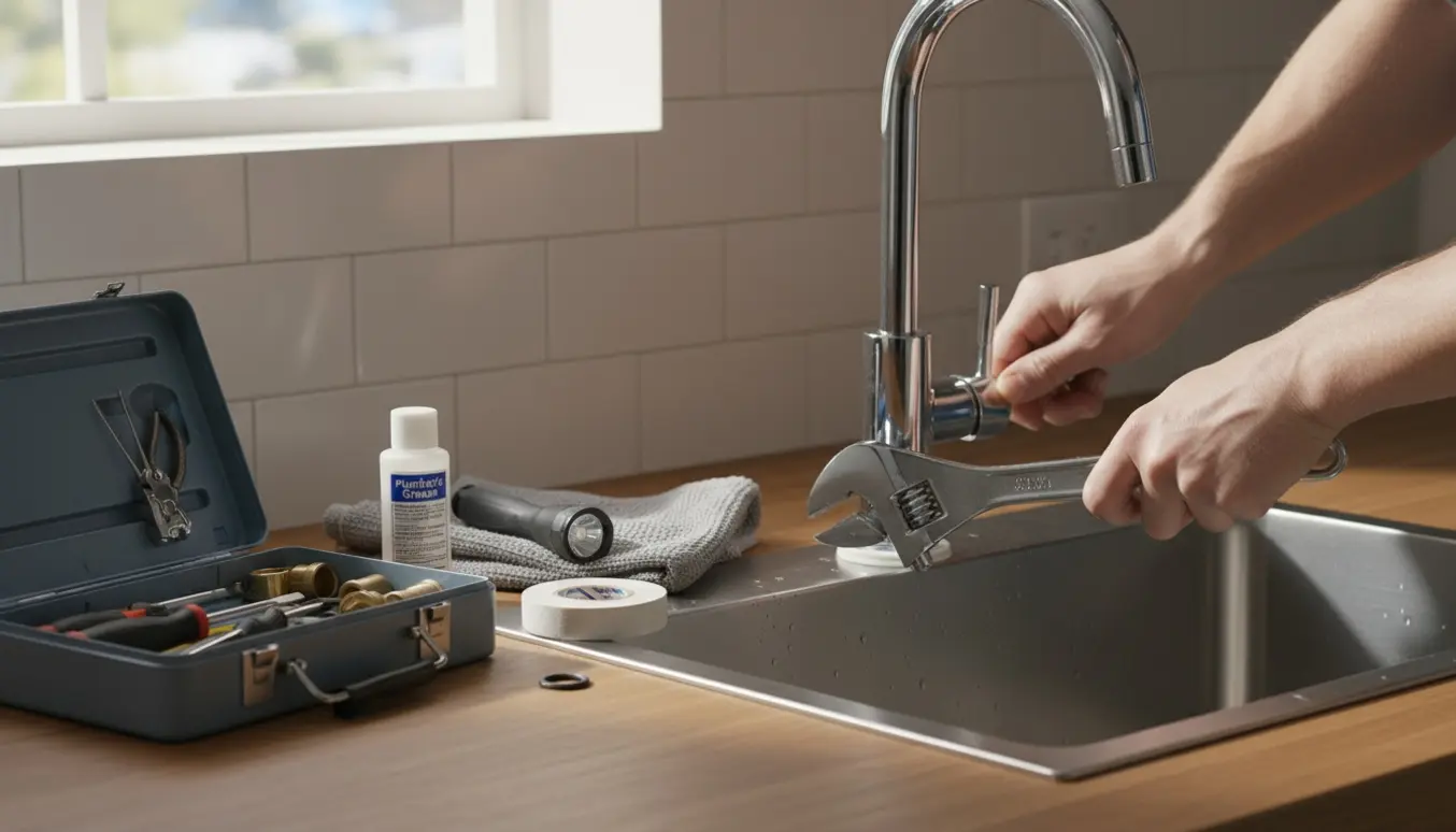 Hænder spænder en krom køkkenvandhane fast ved en rustfri stålvask med værktøj og reservedele på køkkenbordet.