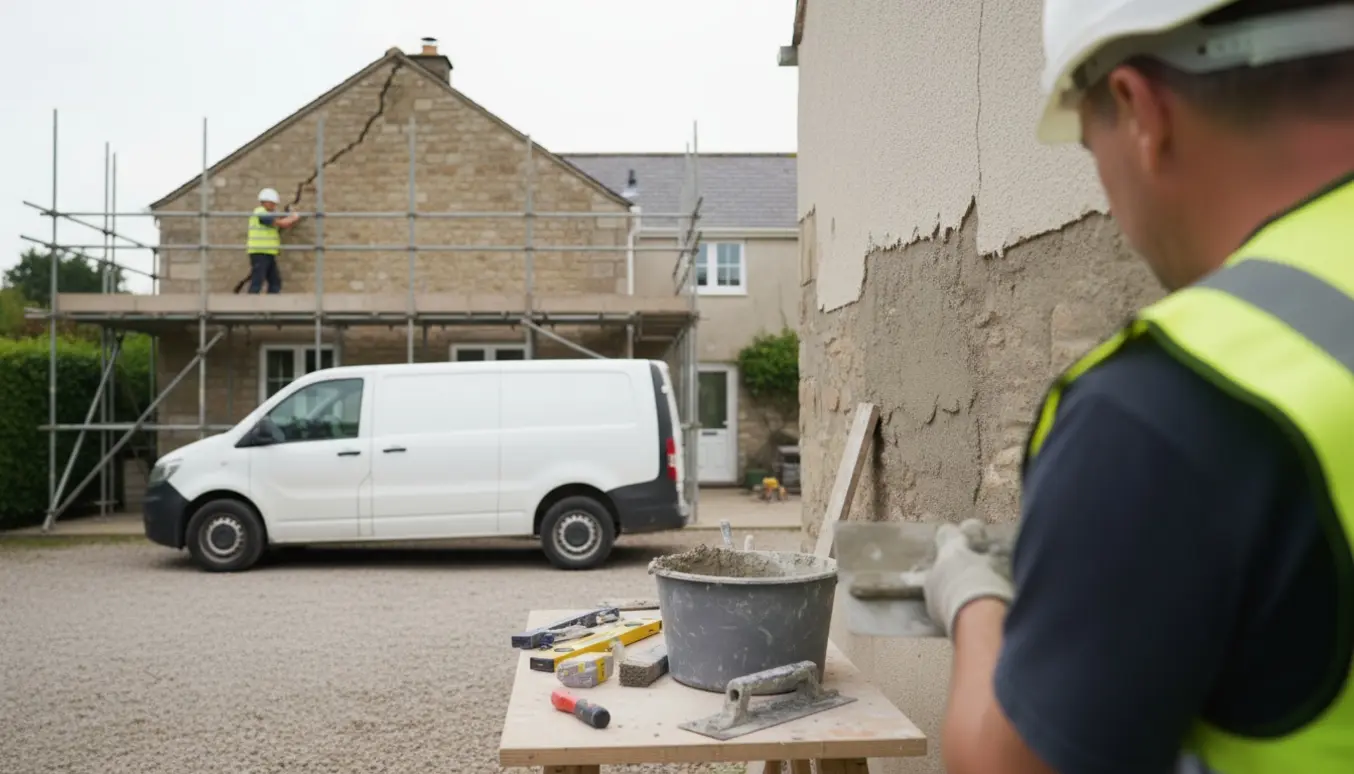 En murer pudser og reparerer revner i gavlen på et lille landsbyhus med stilladser og afstivning.