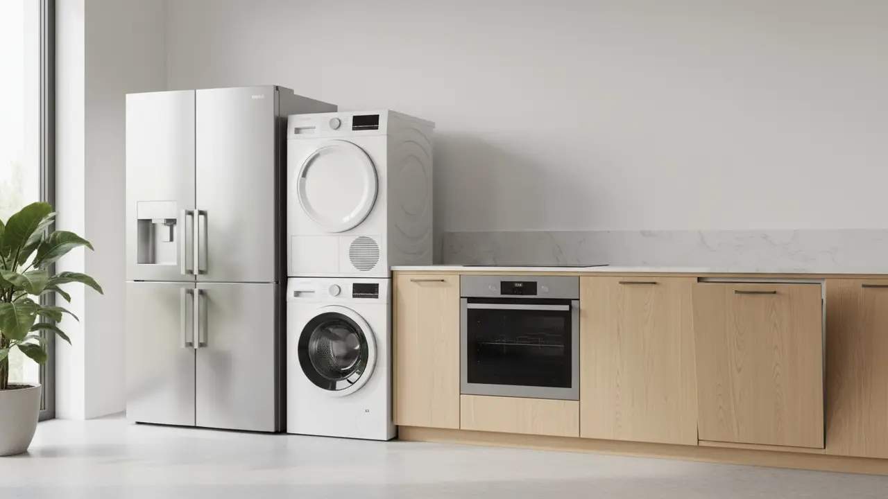 Række af store hvidevarer i et lyst, skandinavisk køkkenshowroom