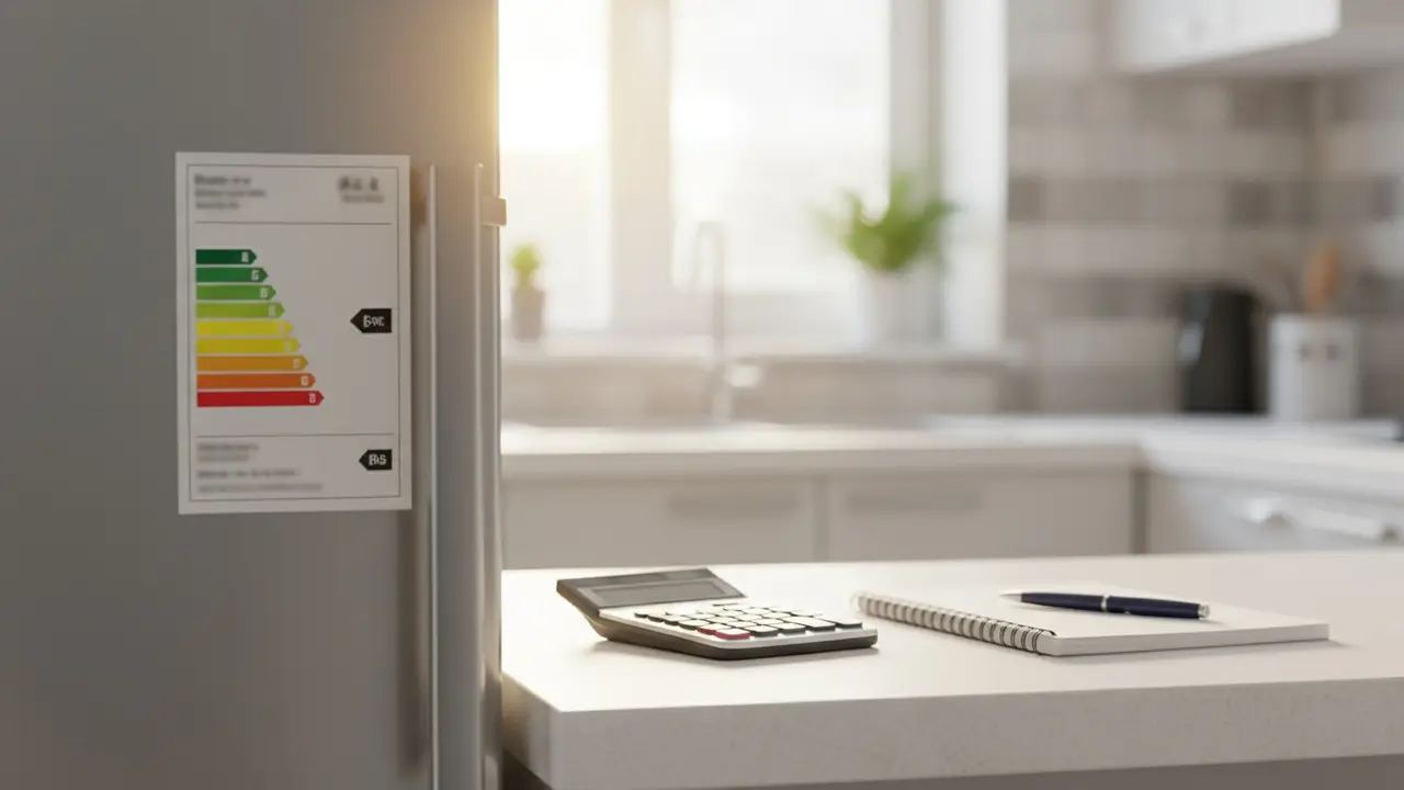 Nærbillede af energimærke på køleskab med lommeregner på køkkenbordet