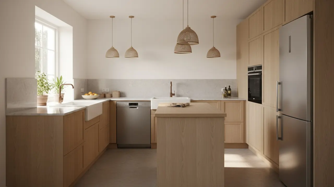 Moderne køkken med synlige store hvidevarer i naturligt dagslys