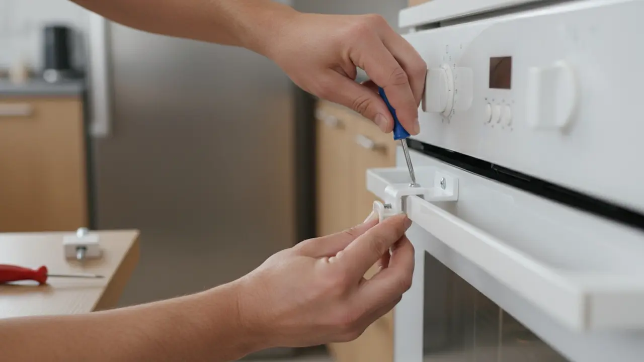 Hænder monterer børnesikring på ovndør i køkkenet