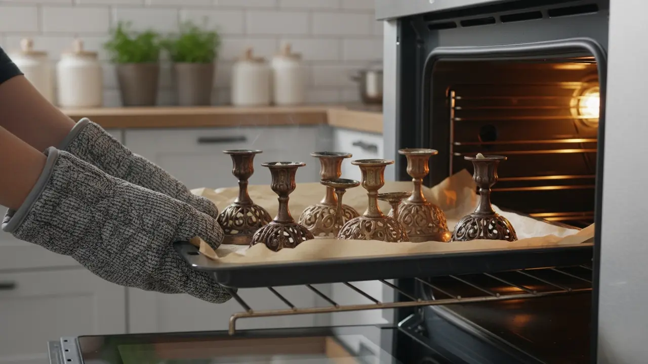 Metal-lysestager placeret nedad på en bageplade med bagepapir i en varm ovn.