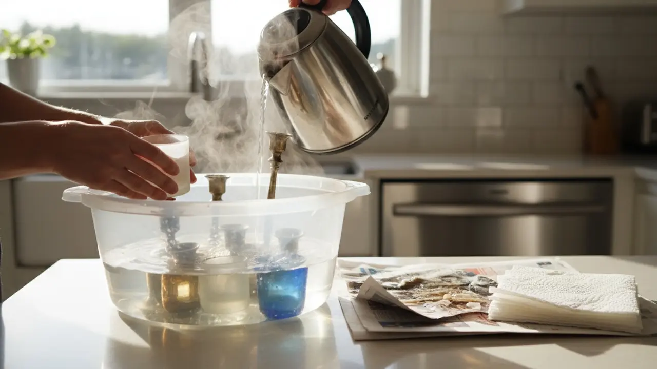 Stor balje med varmt vand hvor glas- og metallysestager ligger til blødgøring, papirklude ved siden af.