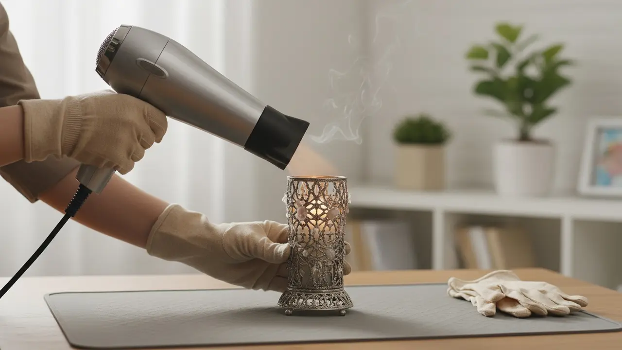 Person holder en hårtørrer i sikker afstand og blødgør stearin på en sart lysestage.