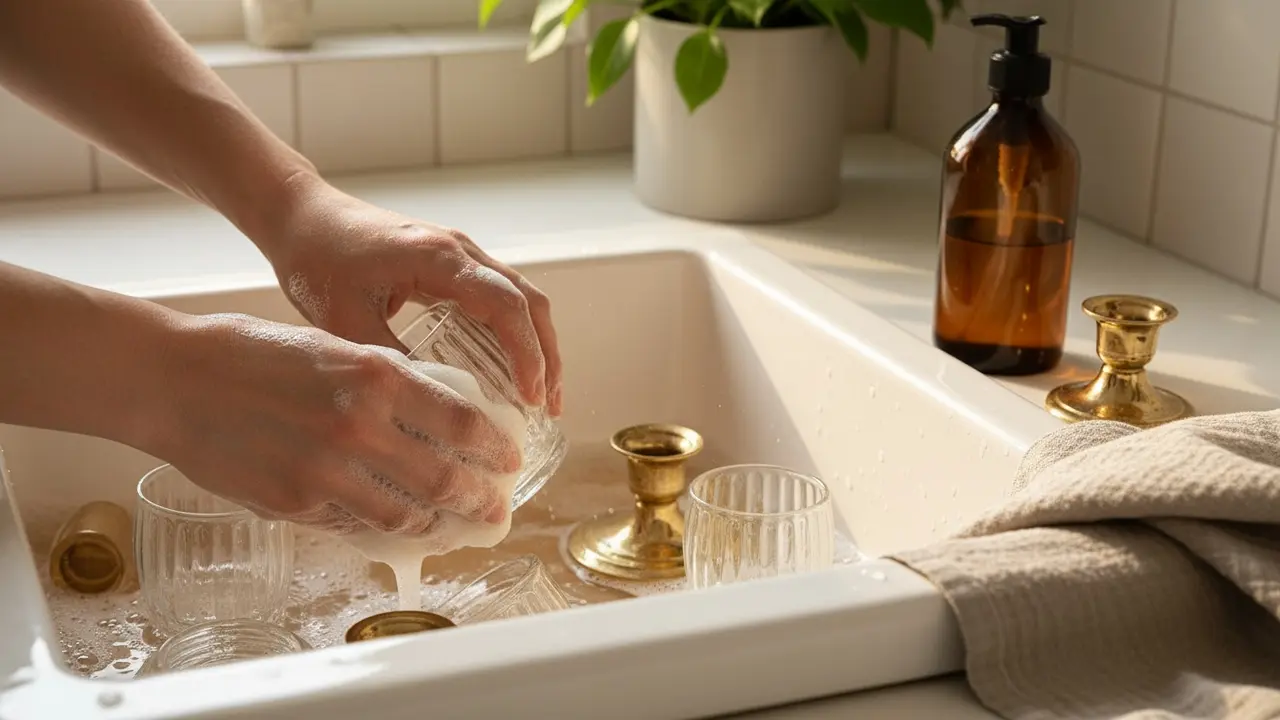 Hænder vasker lysestager i varmt sæbevand med en blød svamp, klar til aftørring.