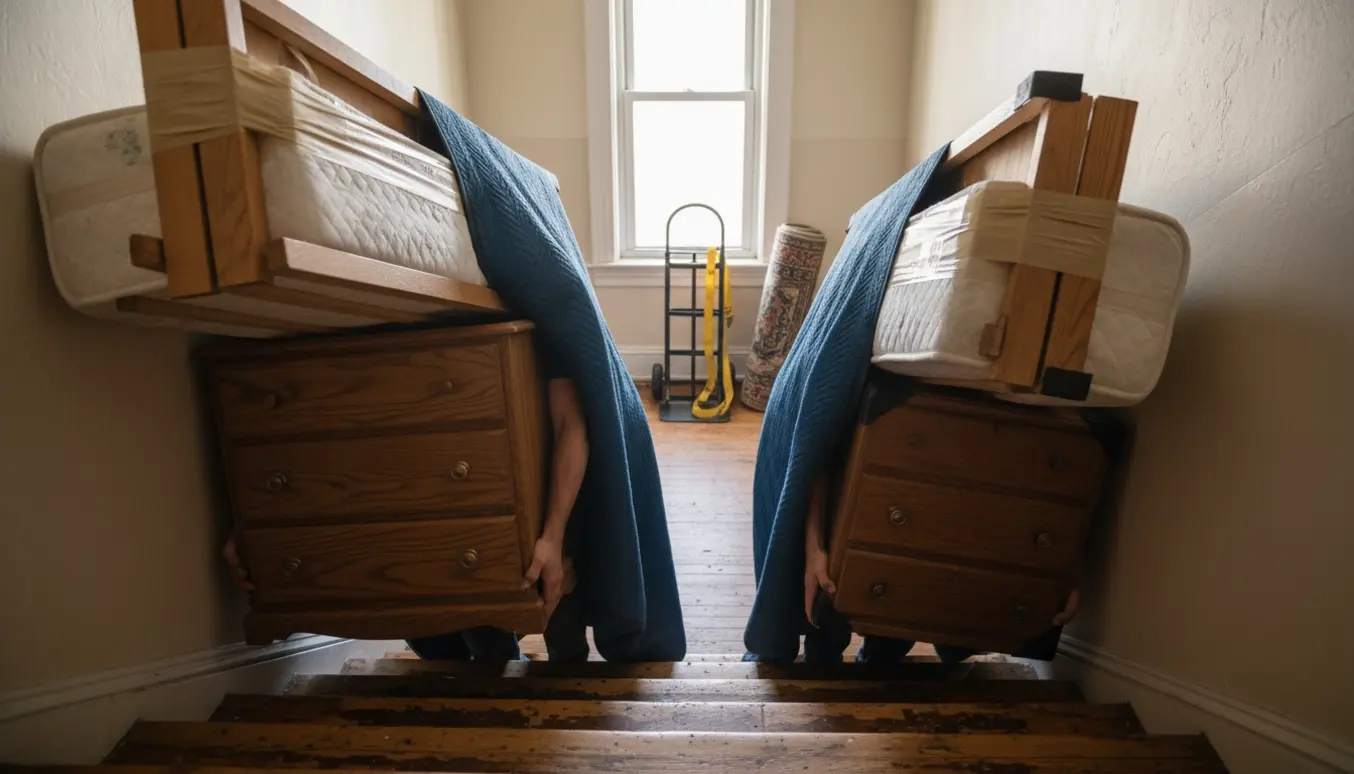 To flyttemænd bærer en seng og to kommoder op ad en lys trappeopgang, med flyttedyn er og stropper.