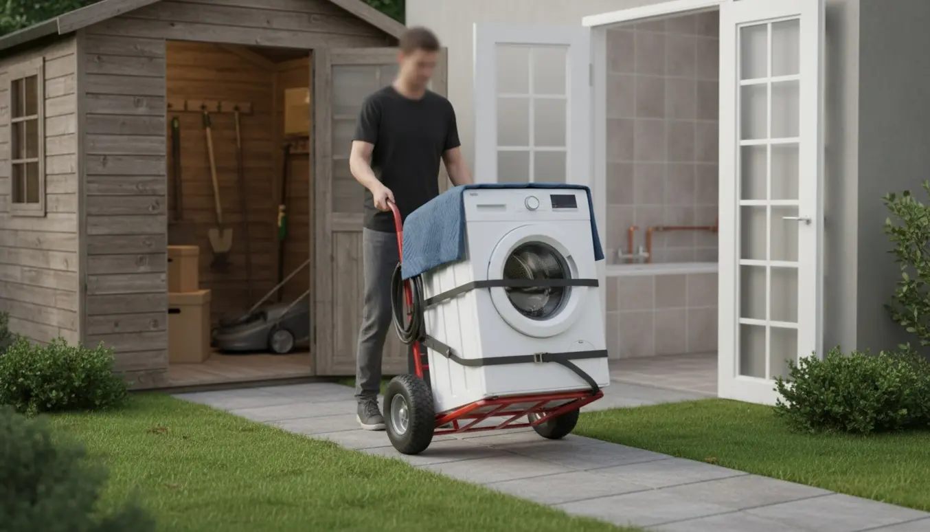 To personer flytter en vaskemaskine på sækkevogn fra et skur mod et badeværelse på fladt underlag.