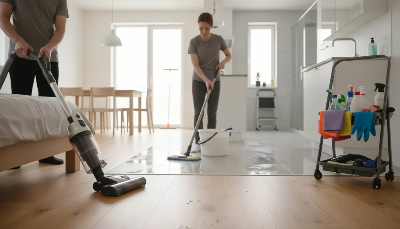 Lys moderne bolig i dagslys med rengøringsudstyr — støvsuger, moppe og et skinnende badeværelse i baggrunden.