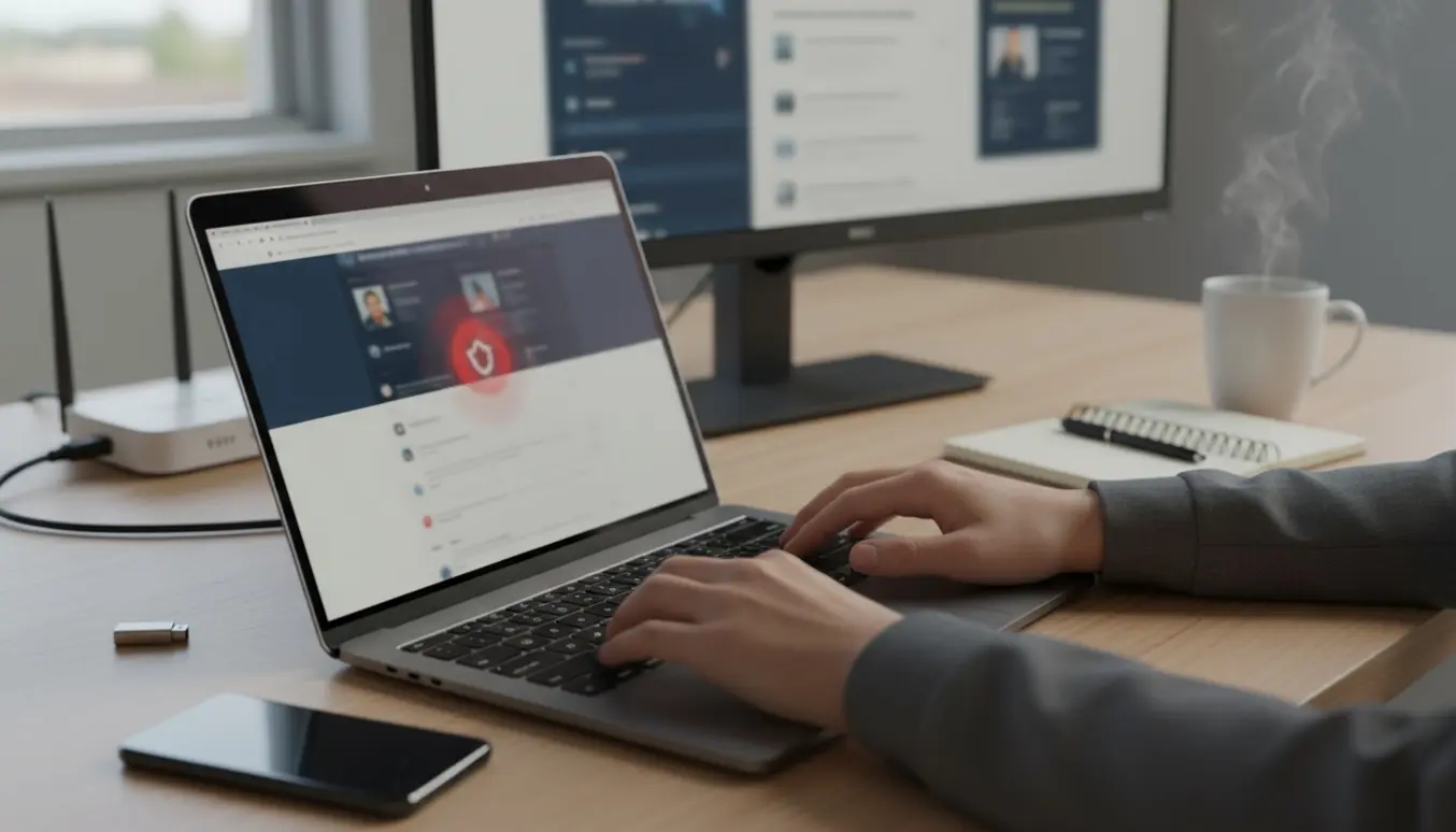 Hænder ved en laptop, der fejlsøger en hjemmesides sikkerhedsproblem efter overtagelse.