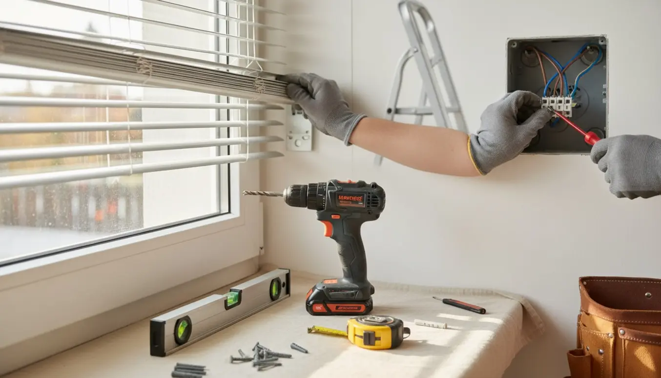Hænder monterer en aluminiumspersienne og sikrer en løs elektrisk forbindelse ved en vindueskarm.