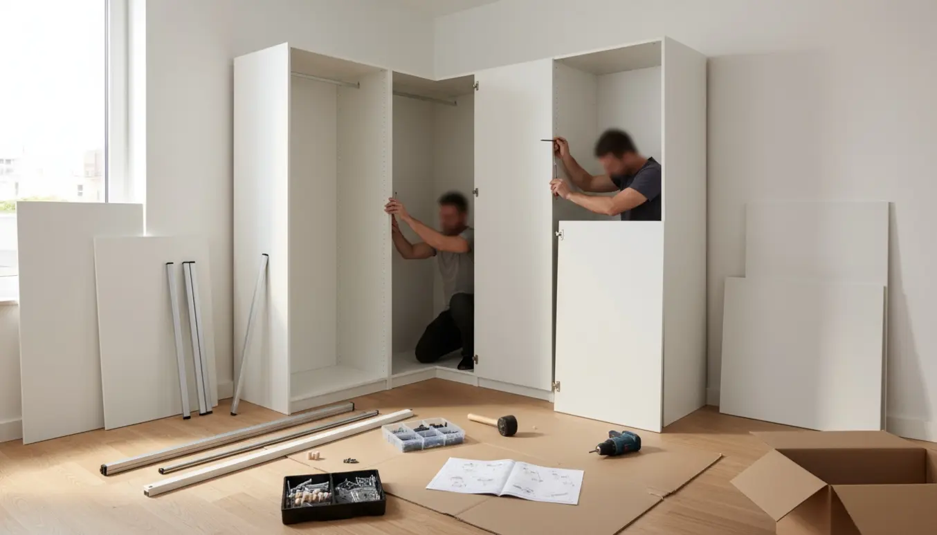 Hænder samler et nyt hjørne-PAX skab i et lyst rum med paneler, beslag og værktøj spredt omkring.