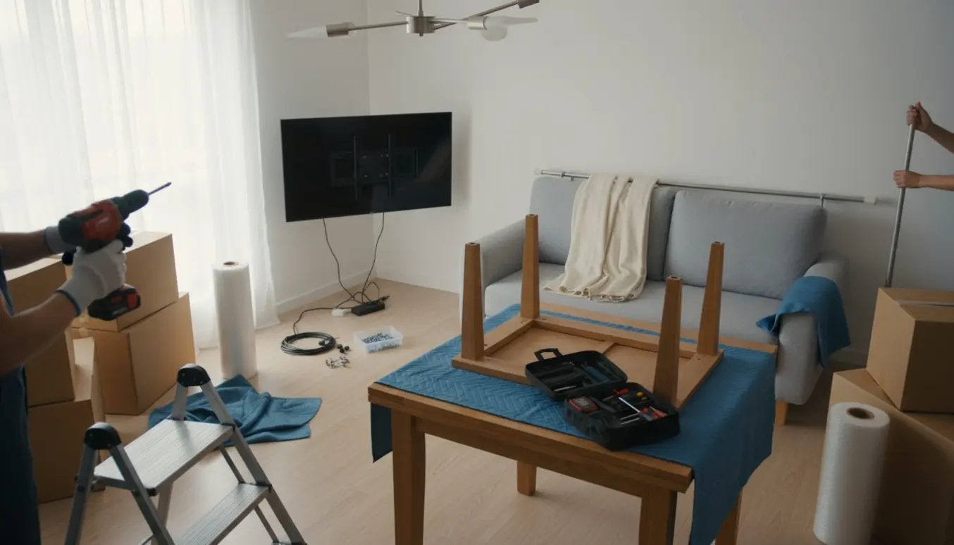 Hænder fjerner loftslamper og nedtager gardiner i en lys lejlighed med et væghængt TV og et spisebord delvist adskilt.